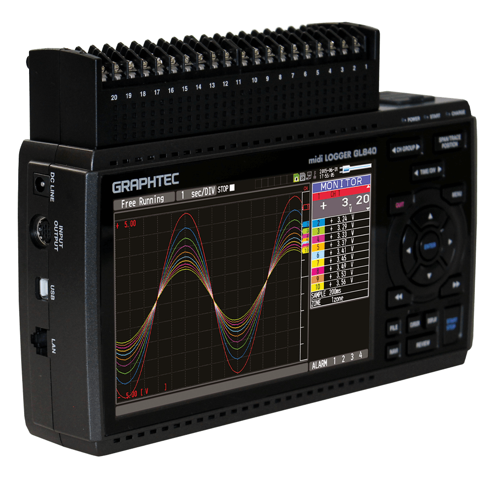 Graphtec Data logger, 20-channel, 10 ms, 300 Vss, with high accuracy, 4 GB Flash